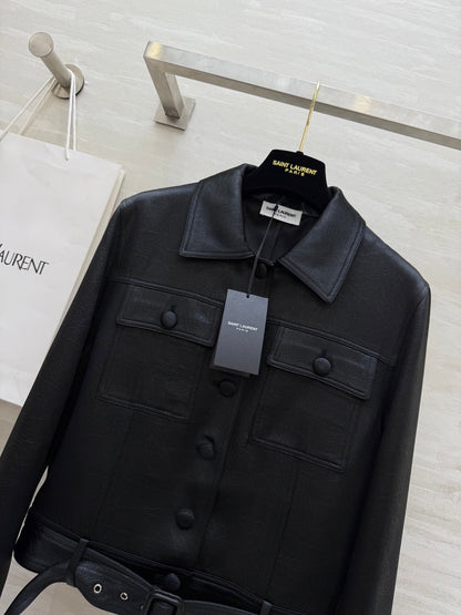 YSL 25 Cracked Pleated Jacket Black Acetate