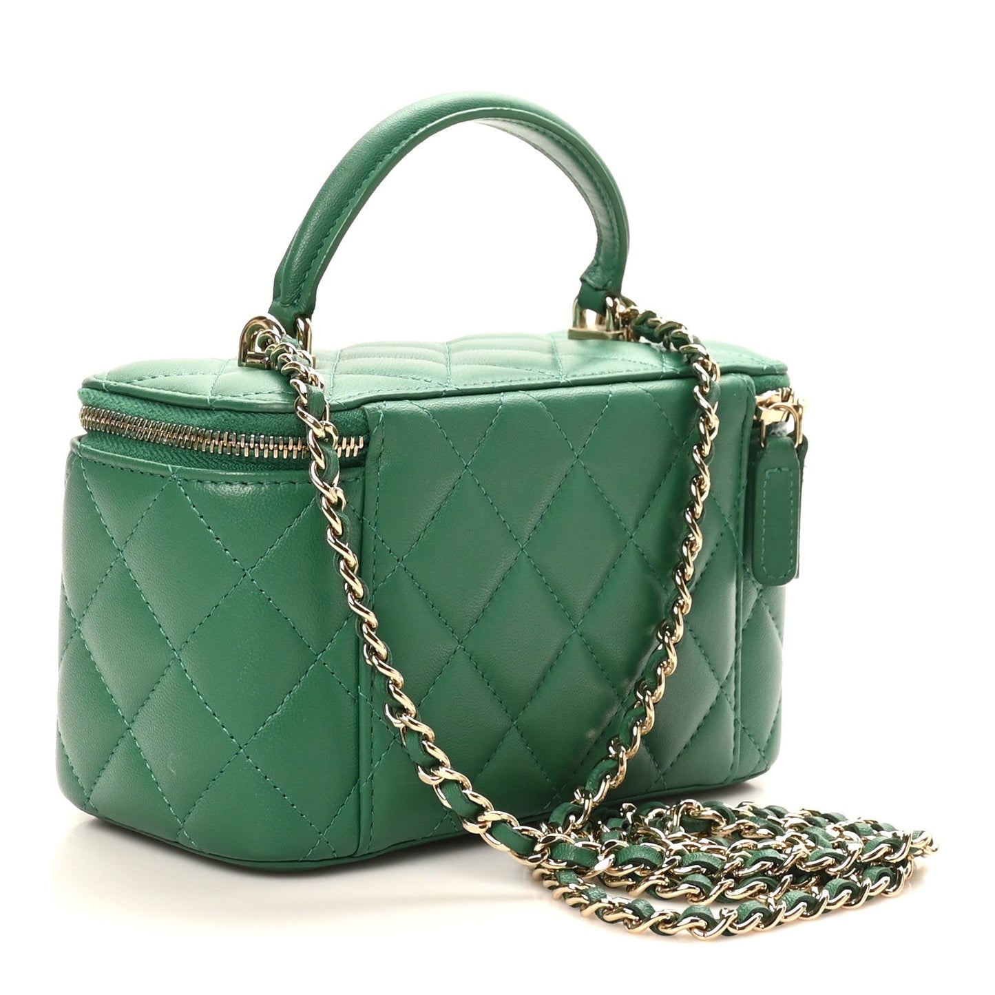 Lambskin Quilted Small Top Handle Vanity Case With Chain Green