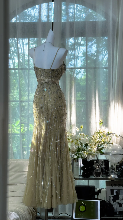 Vintage Shiny Light Green Spaghetti Strap Elegant Design A-line Beaded Romantic Chiffon Evening Dress Prom Dress TP4005