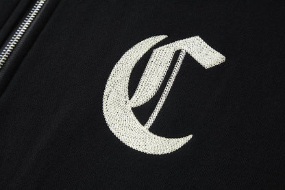 Celine Embroidered Hoodie Zip-up Jacket Black White Cotton