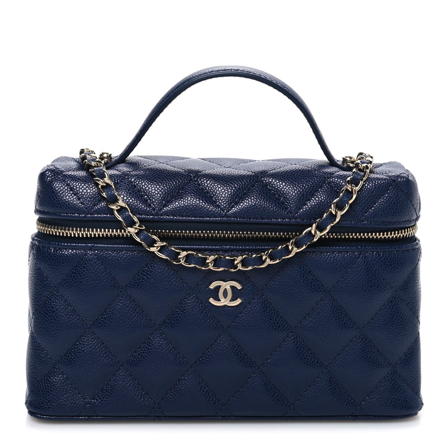 Caviar Quilted Top Handle Slim Vanity With Chain Navy