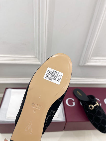 GG 26 Horsebit Flat Mules Rhinestones Black Velvet 587080