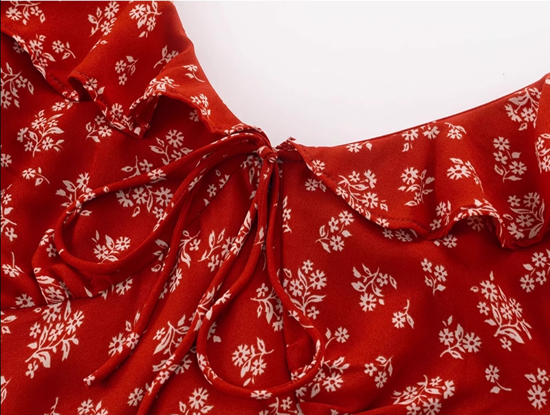 2025 Summer New Red Floral Tea Break Ruffled V-Neck French Waist Dress R0918
