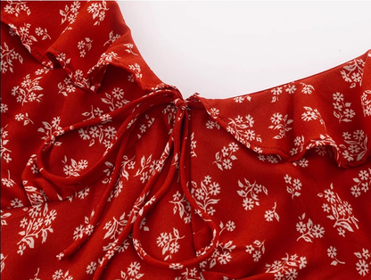 2025 Summer New Red Floral Tea Break Ruffled V-Neck French Waist Dress R0918