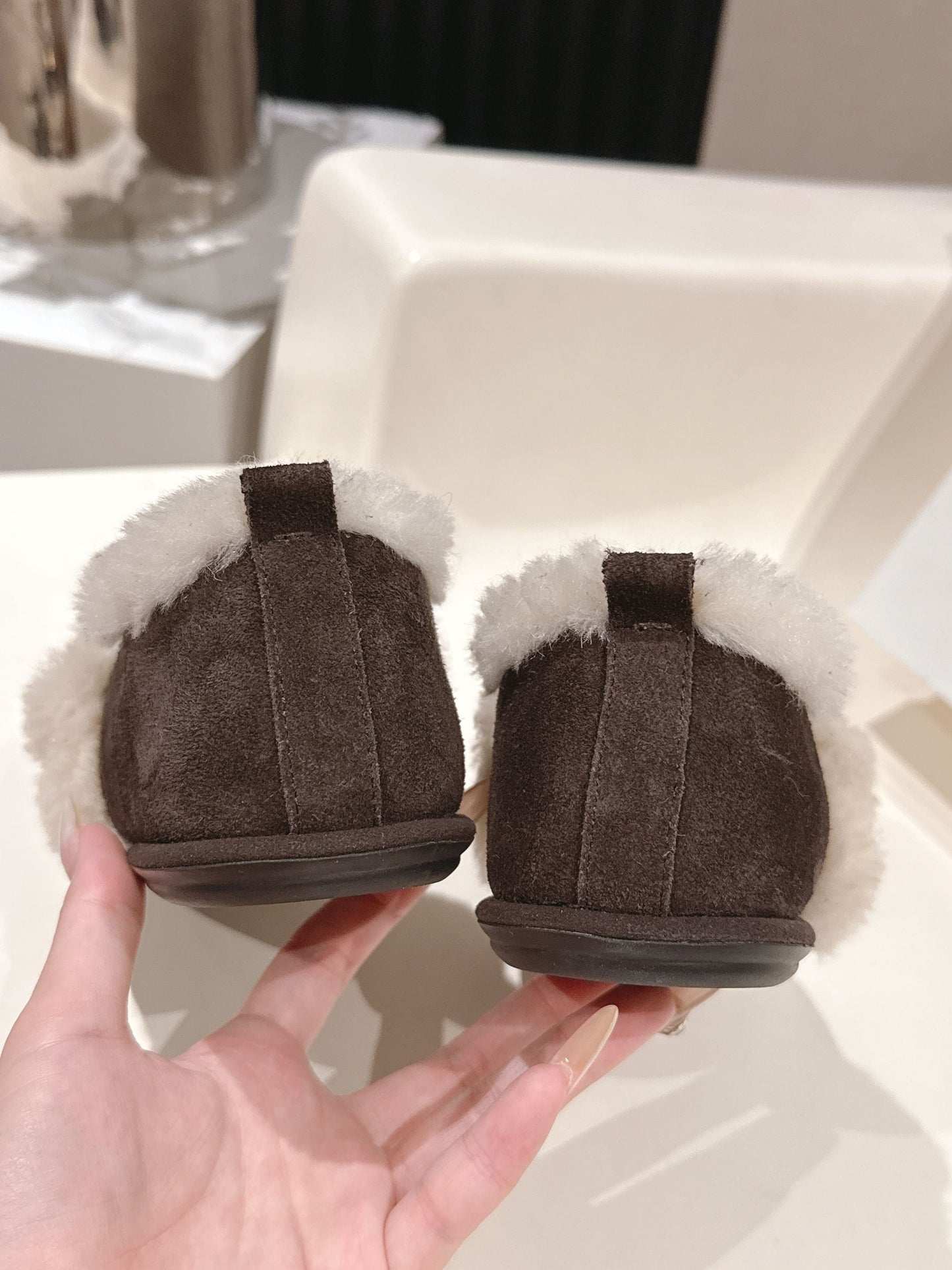 The Row 2025 Furry Shoe Dark Brown White Suede Wool 560591