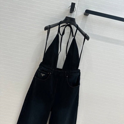 Prada 25 Halter Ntube Top Suspender Jumpsuit Black Cotton