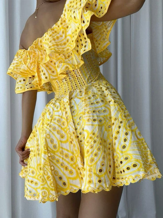 Yellow one-shoulder waist sexy A-line short skirt homecoming dress R3195