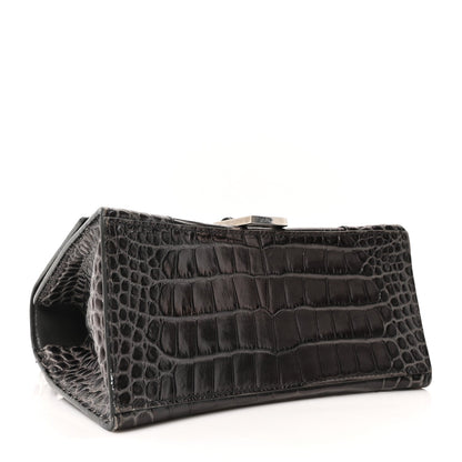Shiny Calfskin Crocodile Embossed Small Hourglass Top Handle Bag Dark Grey