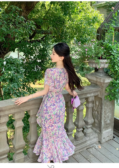 New Fashion Floaral Design V-neck Short Sleeves Mermaid Slim Long Dress TP3048