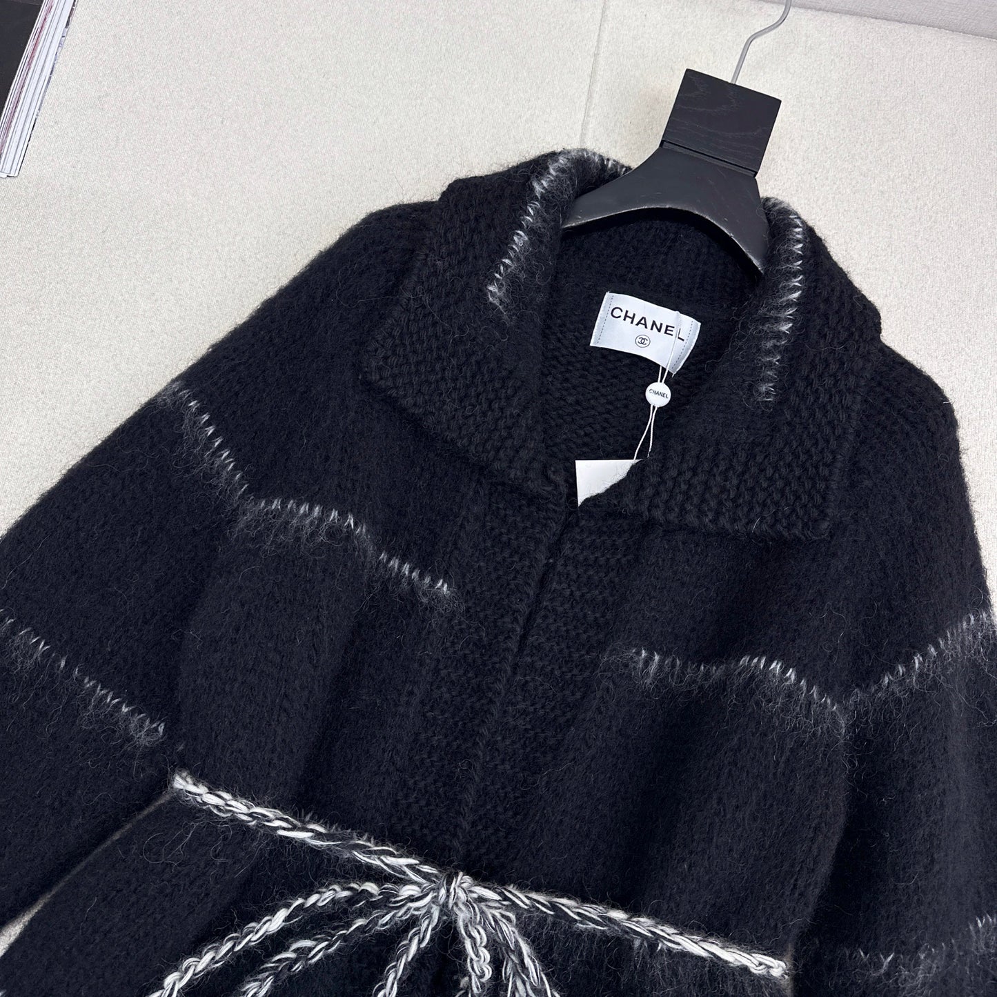 CC Mohair Wool Fluffy Black and White Belt Cardigan