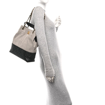 Suede Calfskin Shiny Lambskin Quilted Shopping Bag Grey Black