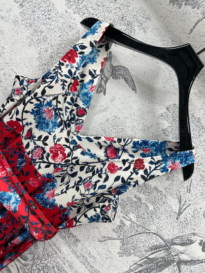LV 25 Retro Floral Pattern Suspender Flower Dress Red Poliester