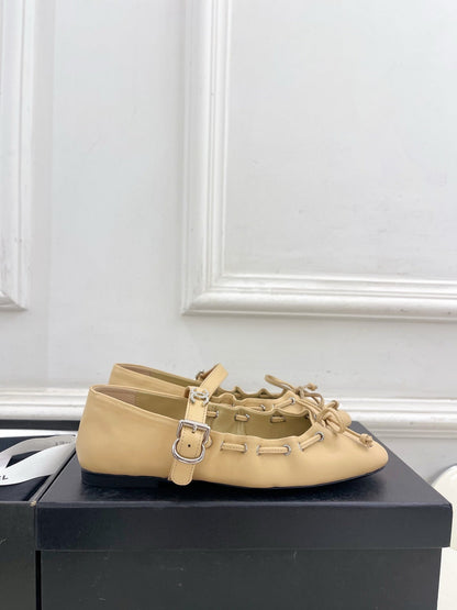 CC 26 SS Ruffled Bow Mary Jane Flats Beige Calfskin 586930