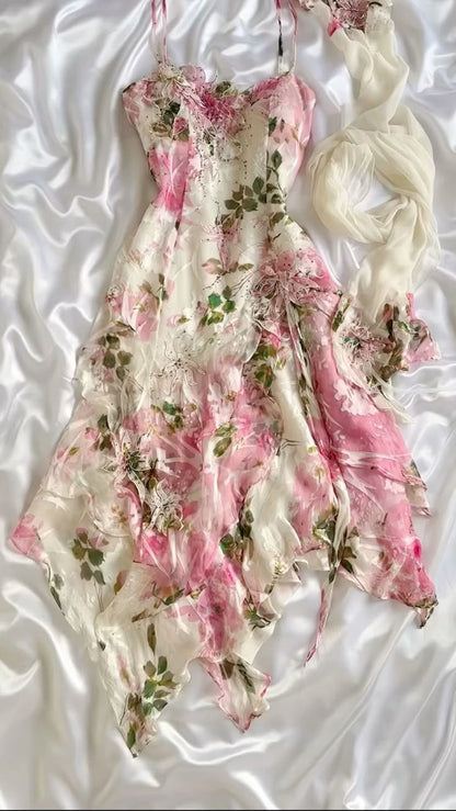 Pink printed suspenders waist slim fit sexy irregular skirt dress homecoming dress R2628
