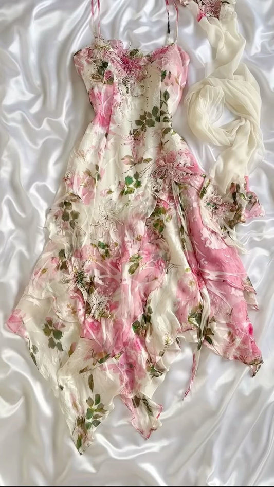 Pink printed suspenders waist slim fit sexy irregular skirt dress homecoming dress R2628