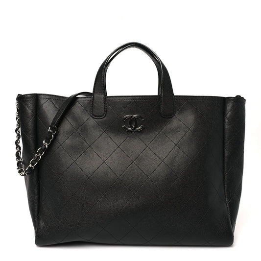 Caviar Stitched Large Lady Coco Shopping Tote Black