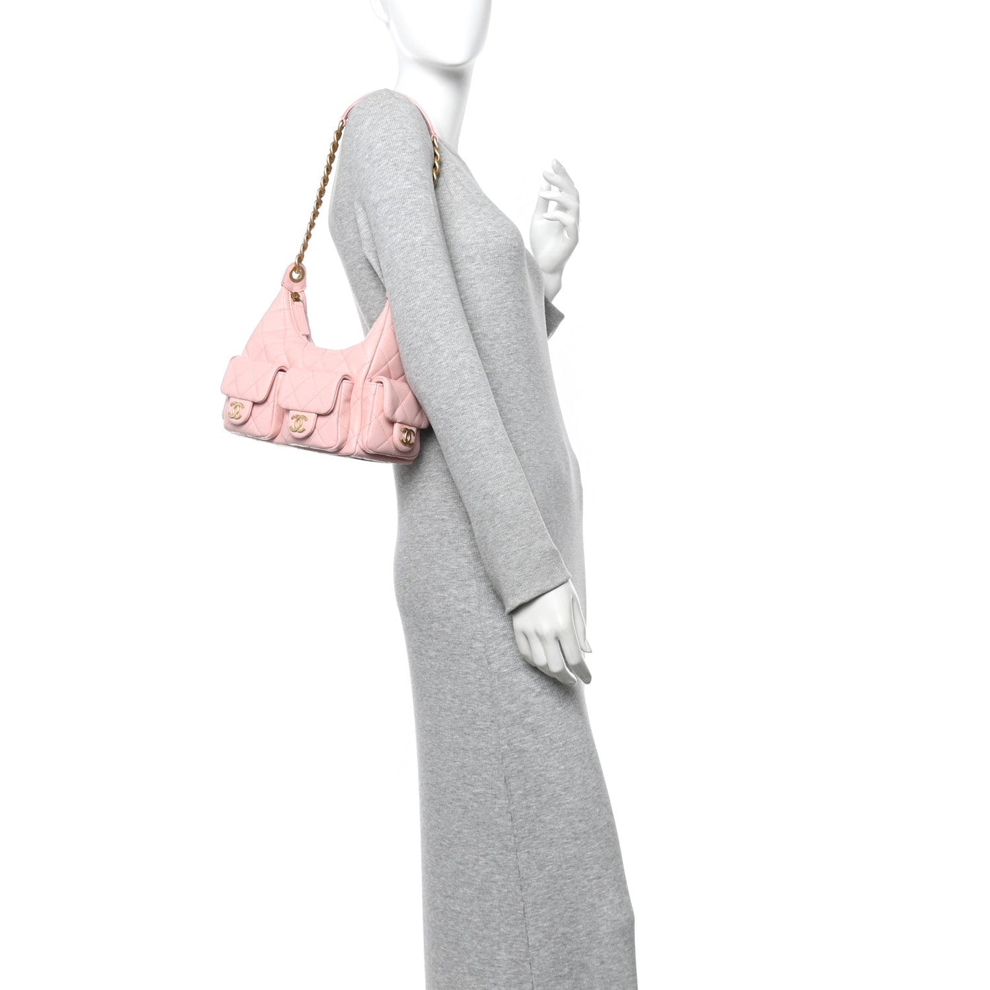 Shiny Lambskin Quilted Trendy Pockets Hobo Light Pink