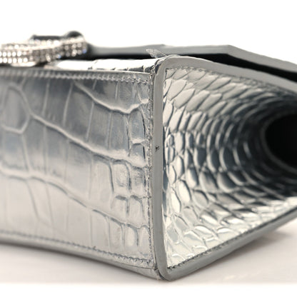 Metallic Calfskin Crocodile Embossed Crystal Hourglass Top Handle Bag XS Silver