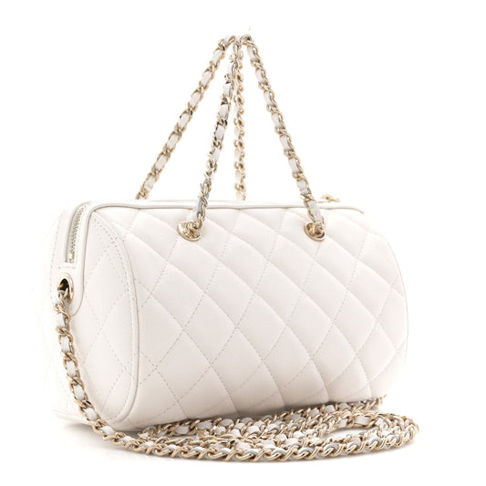 Caviar Quilted Barrel Clutch With Chain White