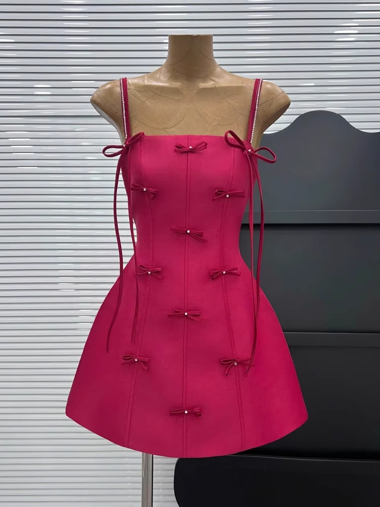 New Rose Pink Spaghetti Strap Bow Design A-line Party Dresses Homecoming Dresses, TP3845