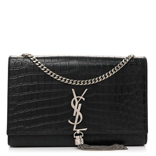 Calfskin Crocodile Embossed Medium Classic Monogram Kate Tassel Satchel Black