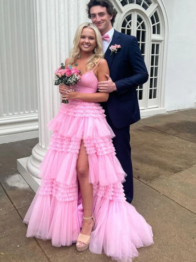 PM550,Gorgeous V Neck Layered Pink Tulle Long Prom Dresses with High Slit, Long Pink Tulle Formal Evening Dresses