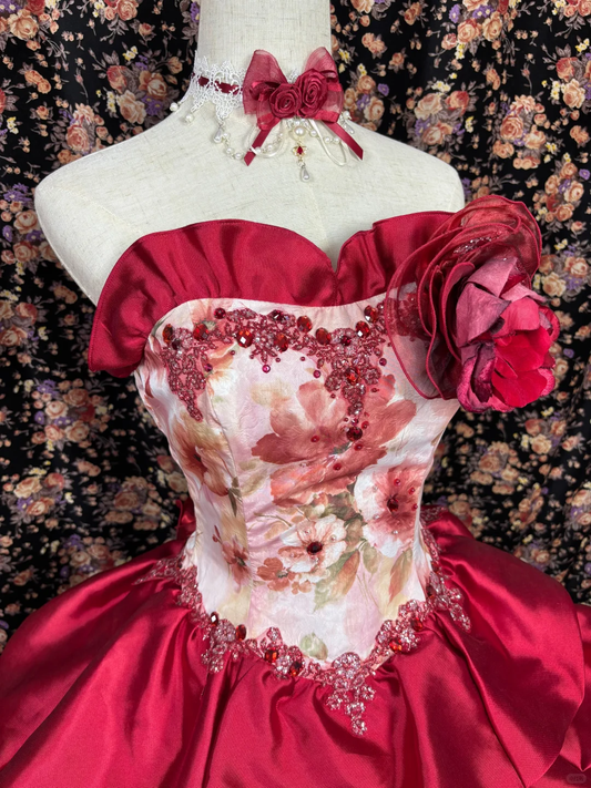 Vintage Burgundy & Floral Print Strapless Ball Gown Ruffled Layered Dress 3D Floral Embellishments Quinceañera Formal Dress TP5124