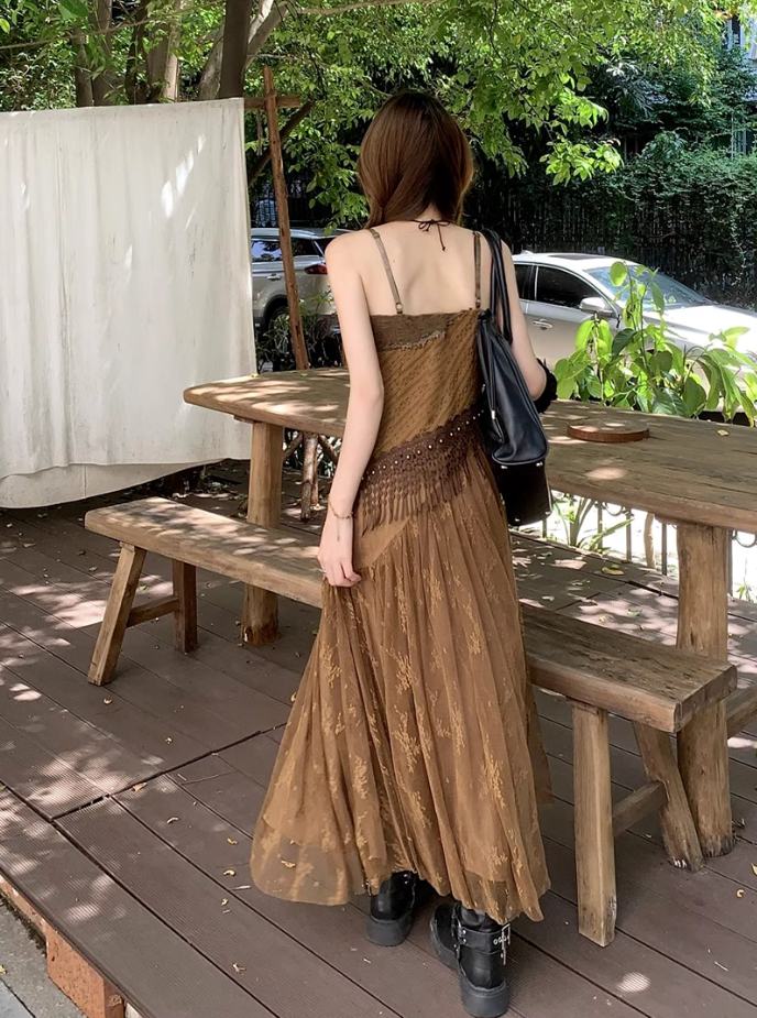 Fairy travel outfit retro ethnic style suspender long skirt v-neck dress R1741