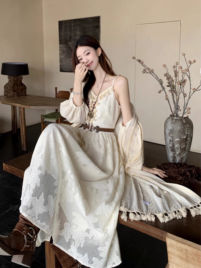 Fairy travel outfit V-neck suspender embroidered long skirt tassel sunscreen cardigan two-piece suit R1728