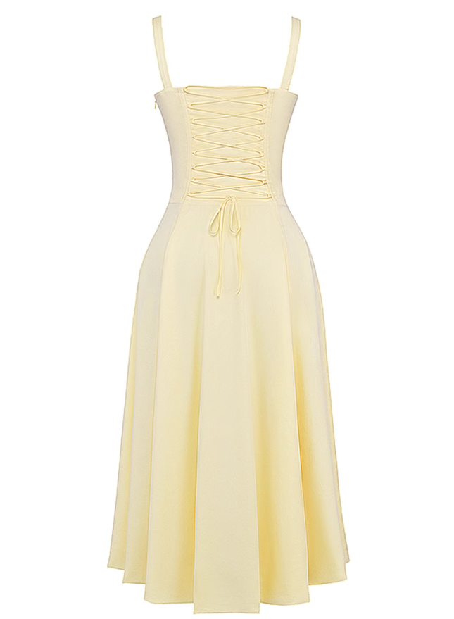 2025 Summer New Yellow Slit Sexy Waist Drawstring Holiday Suspender Dress R0938