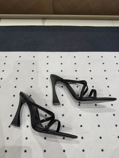 HIGH CRYSTAL STRAP SANDALS IN BLACK SILK