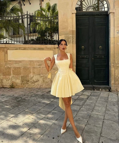 Yellow suspender A-line backless sexy slim skirt homecoming dress R2421