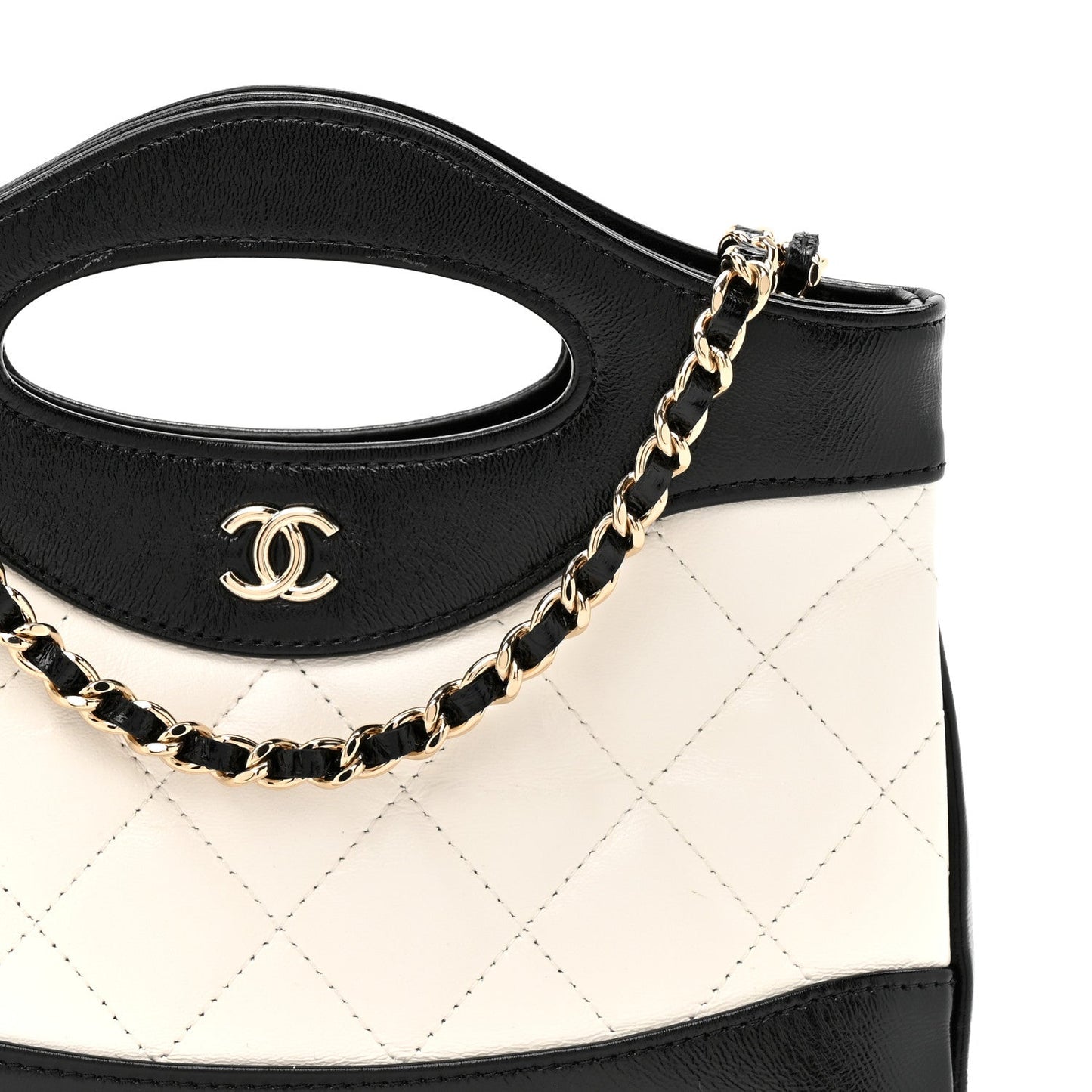 Shiny Crumpled Calfskin Quilted Nano 31 Shopping Bag White Black