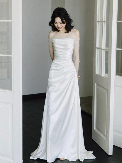 Long Sleeves Satin Mermaid Wedding Dresses Long Bridal Gown      S7213
