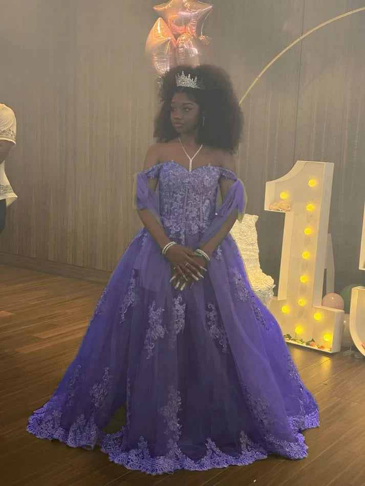 A Line Green Tulle Lace Princess Dresses Off the Shoulder Party Ball Gowns