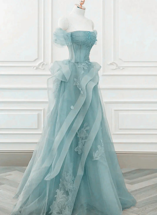Luxury Strapless Tulle Birthday Dress A-line Long Prom Dresses