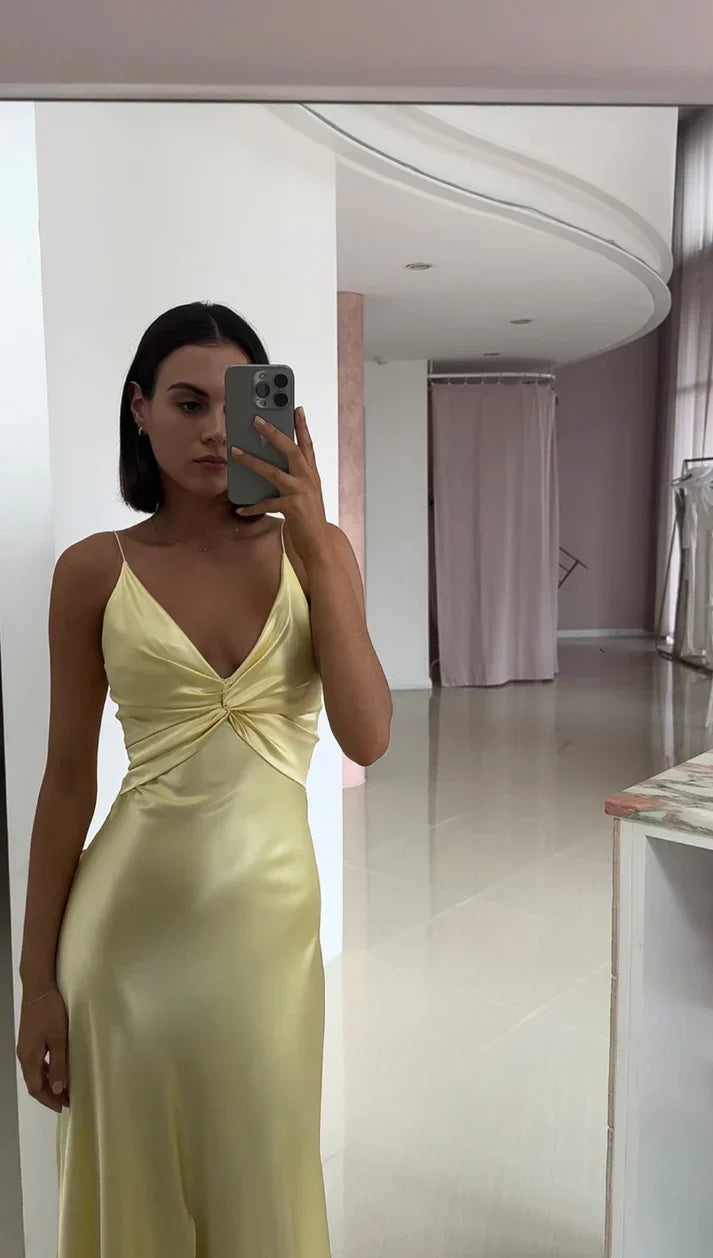 Vintage Yellow V-neck Mermaid Satin Spaghetti Strap Party Dress Evening Gown Bridesmaid Dress TP4297