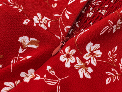 2025 Summer New Red Floral Sexy V-neck Mid-length Holiday Suspender Dress R0919