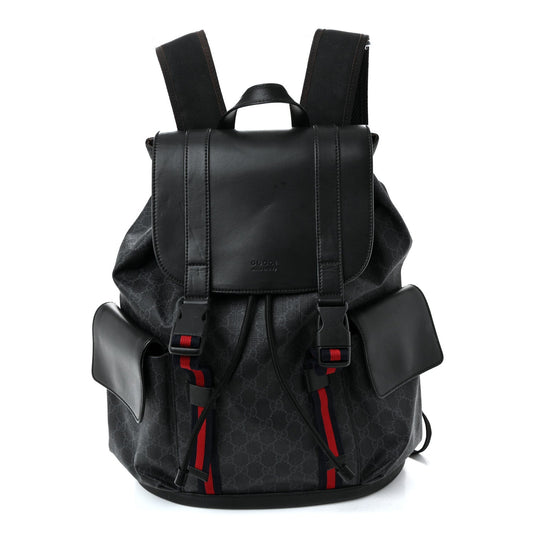 Soft GG Supreme Monogram Calfskin Web Double Buckle Backpack Black