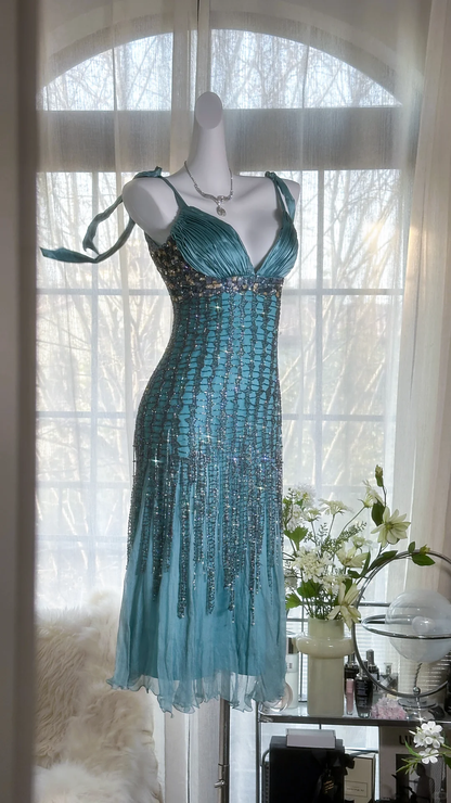 Elegant Blue Sparkling Beaded Spaghetti Strap V-neck Romantic Chiffon Evening Dress Prom Dresses TP3982
