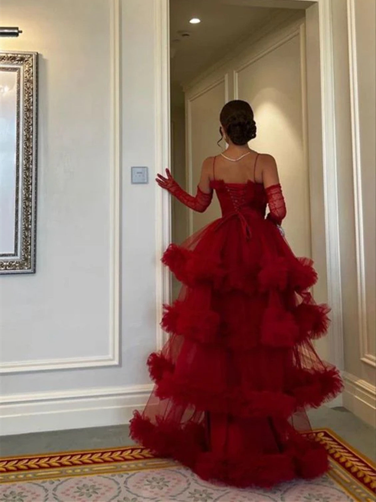 Wine Red Sweetheart Tulle Straps Long Party Dress, Wine Red Tulle A-line Prom Dress Formal Dress