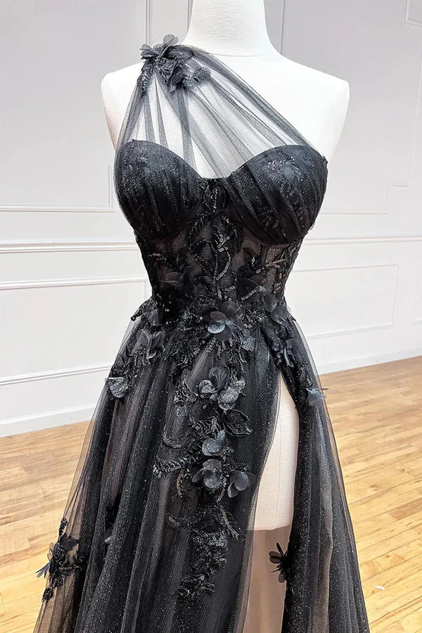 omberprom A Line Evening Dress One Shoulder Black Long Prom Dress with Appliques