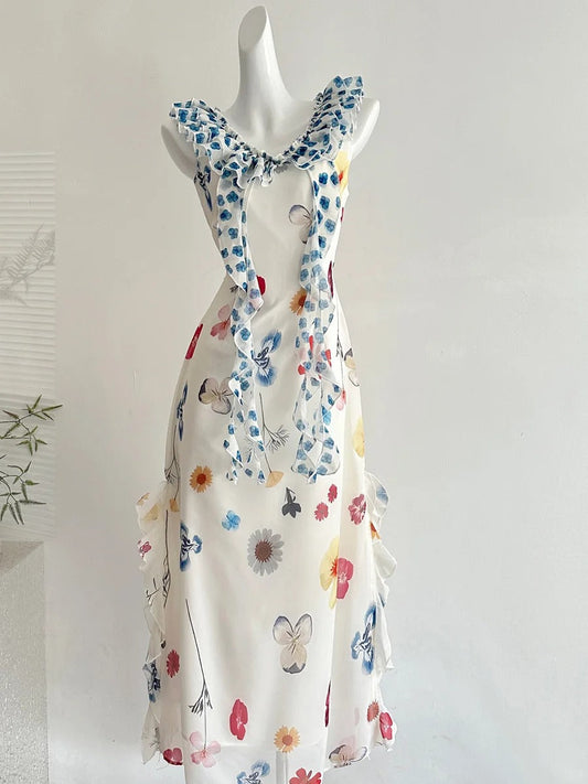 Fresh White Background Colorful Floral V-neck Ruffle Waist Chiffon Long Prom Dress Evening Dress P4001