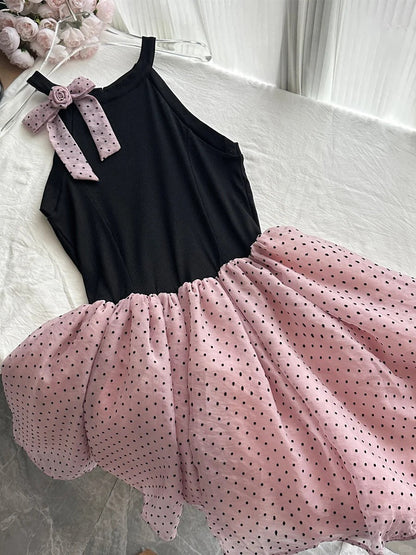 Sweet Black And Pink Polka Dot Halter Neck Chiffon Short Birthday Party Homecoming Dress P3989