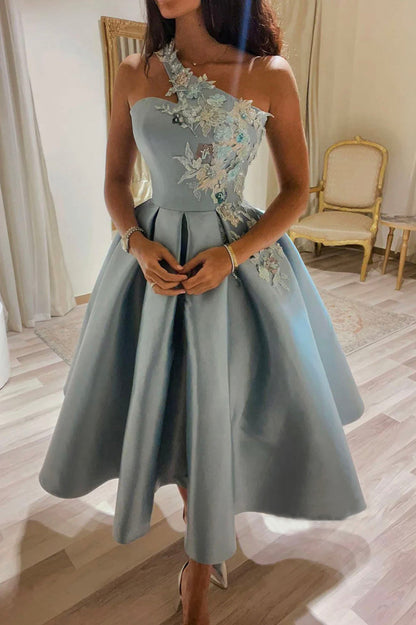 Cute One Shoulder Satin Lace Short Prom Dress,A-Line Party Dresses