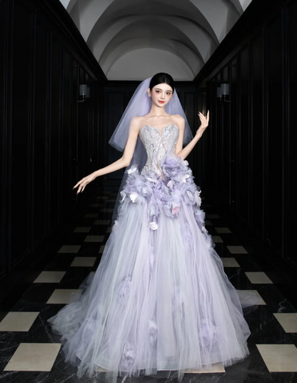 Dreamy Purple Strapless 3D Floral Tulle Train Ball Gown Evening Dress P4100