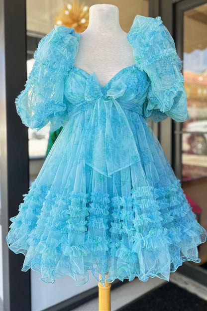 Sweet Puffy Sleeves Tulle Ruffles Homecoming Dress