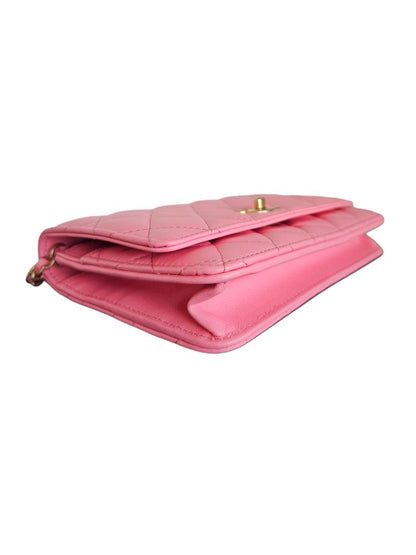 Chanel Pink Lambskin Quilted CC Pearl Crush Wallet On Chain