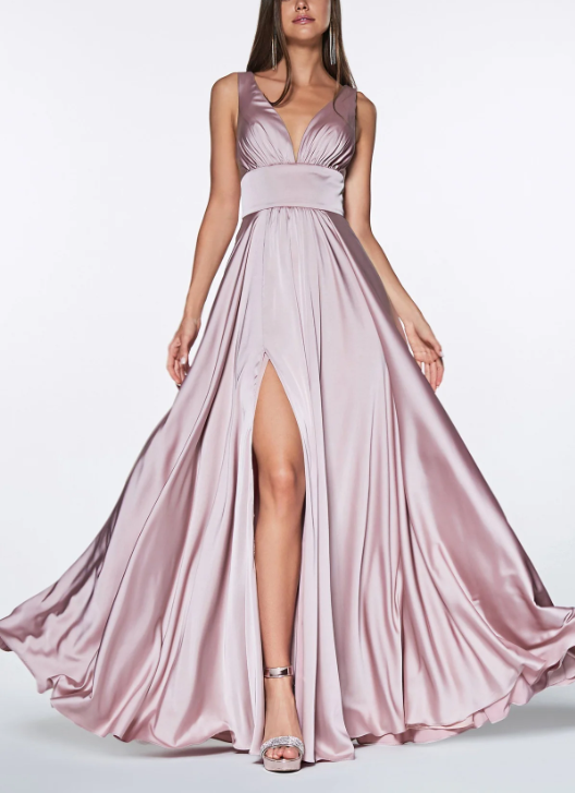 omberprom Elegant Formal Women's Dresses Evening Wear Long Satin V-Neck Dress with Slit