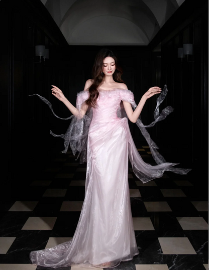 Sweet Light Pink Mermaid Off-shoulder Organza Prom Dress Evening Dress P4101